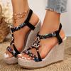 Fashion Metal Decoration Wedge Heel Sandals for Women 2025 Summer Chunky Platform Sandals Woman Thick Bottom Printed Bohemian Sandalias