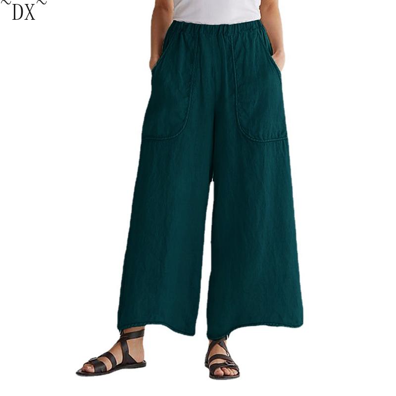 DX~~ Cotton Linen Wide-leg Pants, Mid-rise Casual Pants, Large Pocket Trousers