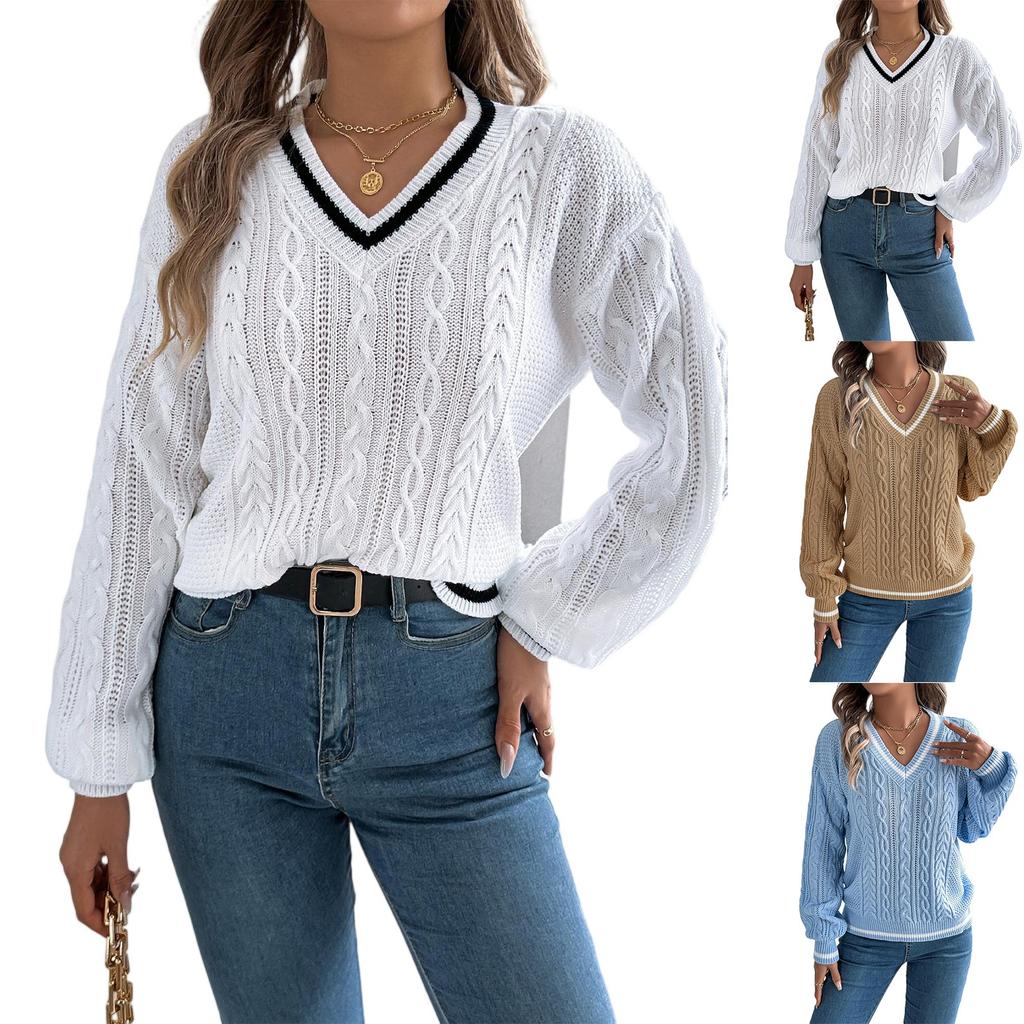 Women's Color-blocking V-neck Long-sleeved Sweater