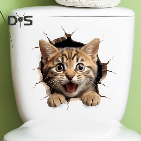 Through-wall Cat Toilet Sticker Waterproof Removable Self-adhesive PVC Living Room Bathroom Wall Art 3D Effect Simulation Kitten Toilet Seat Lid