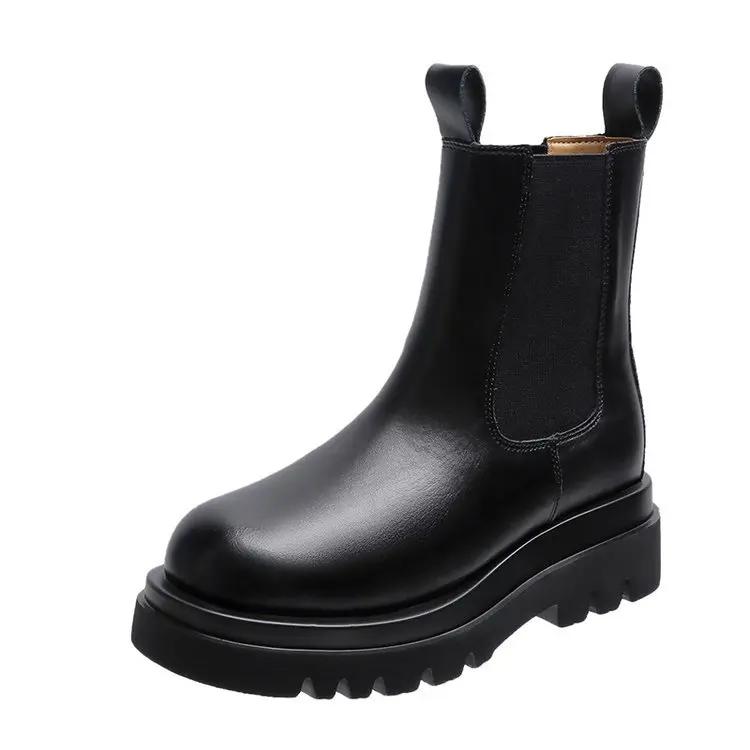 Women's Platform Boots Fashion Mid Calf Boots New Casual Leather Boots for Women Winter Plush Warm Ankle Boot Black Chelsea Boot