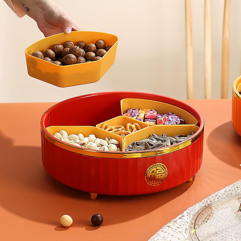 Rotatable Fruit Plate Chinese Candy Box Fruit Plate Household Living Room Coffee Table Chinese New Year Nut Box Candy Plate