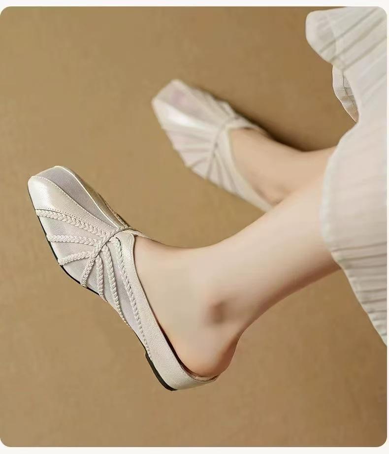 Soft Leather Mesh Yarn Baotou Half Slippers Children 2025 Spring and Summer Outer Wear Non-slip Soft Sole Retro Soft Sole Middle Heel Muller Shoes