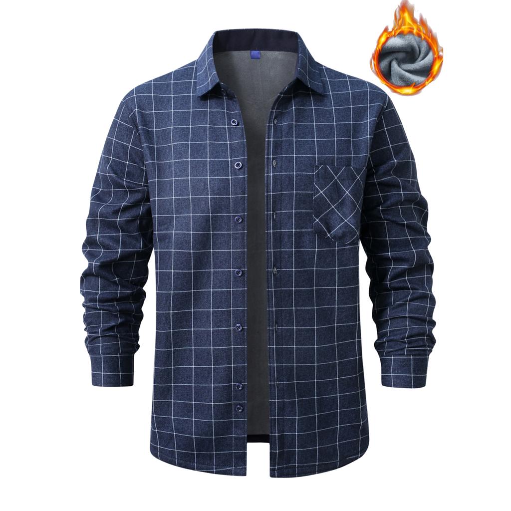 Men's Fleece And Thickened Warm Checked Button Shirt, Men's Fashionable Square Collar Casual Long-sleeved Top