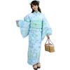RAVIR Yukata Light Blue with Abstract Floral Fluffy Obi and Geta One Size Fits All Women's 3-Piece Set, Pattern, Belt, Sandals,