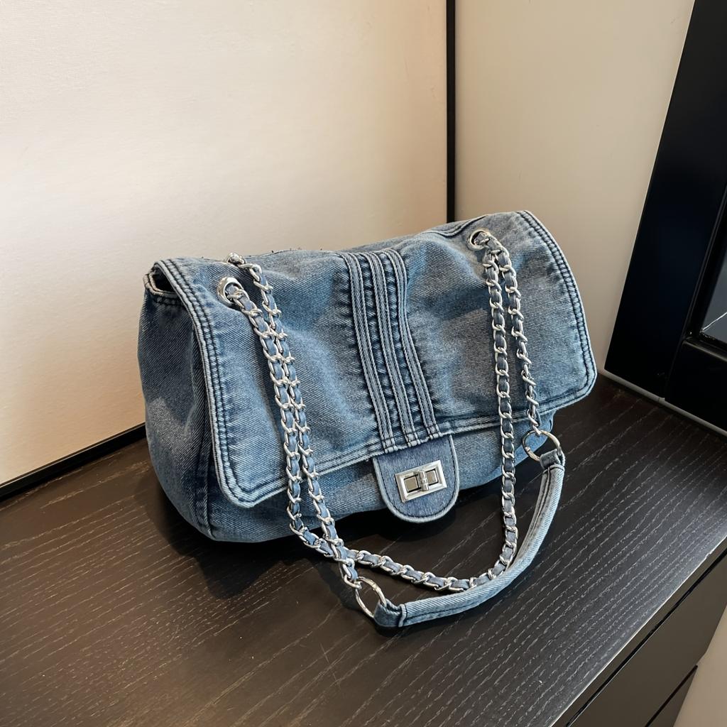 Women's Fashion Denim Shoulder Bag - Trendy Solid Color Underarm Handbag & Purse