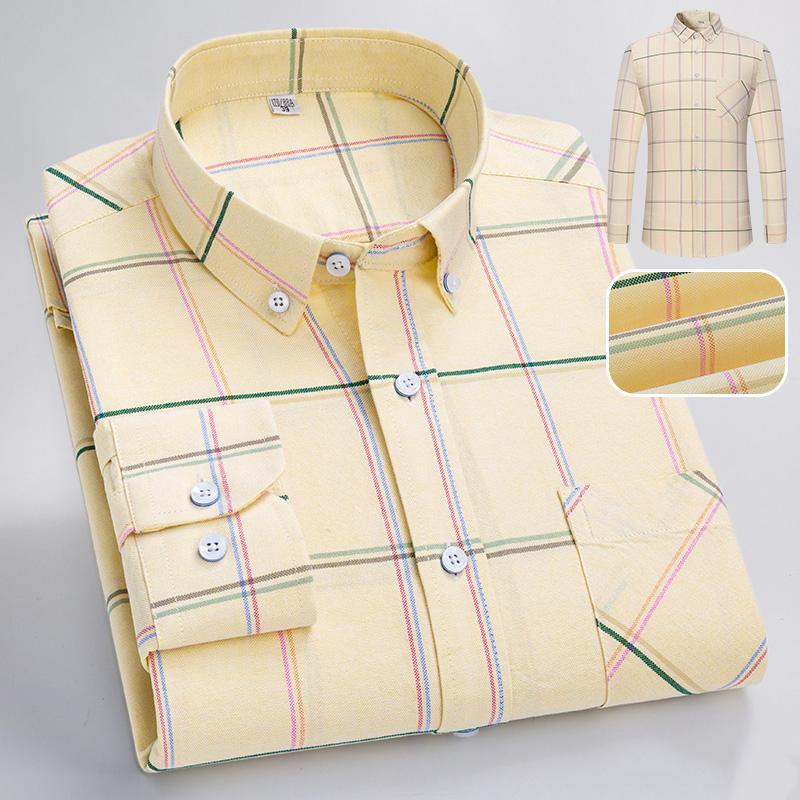 New Men's Plaid Shirts Long Sleeve Casual Office Pure Cotton Oxford Easy Care Fashion Youngster