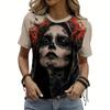 Women's Casual T Shirt Skeleton Print Crew Neck Top Summer Short Sleeve Tee Female Oversized Clothing Fashion Street Pullover