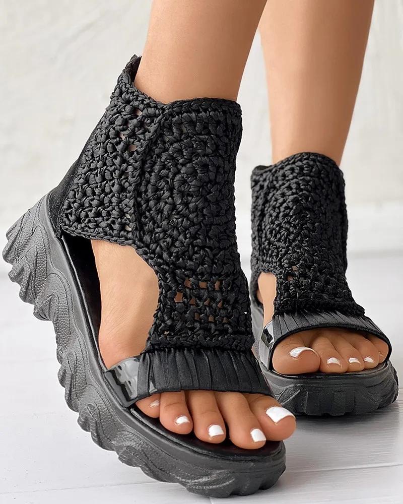 Sandals Women Braided Geometric Wedge Sandals Knitted Elastic Summer Shoes Mesh Flat Sandals Hollow Female Platform Shoes