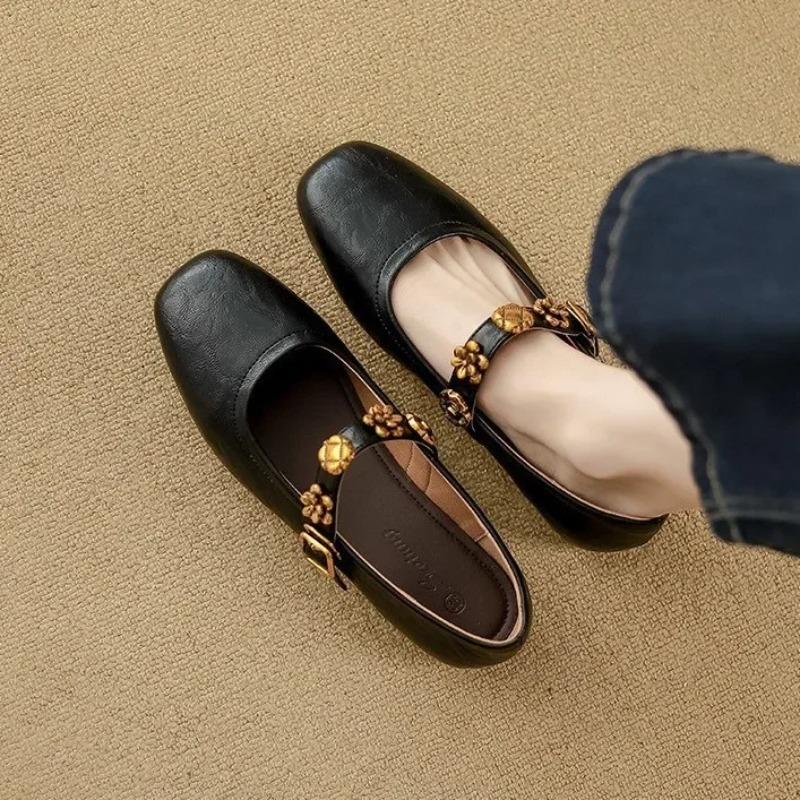 Fashion French Style Flat Ballet Shoes Women's Mango Head Soft Retro Mary Jane Shoes Leather Version Low Heel Round Toe Rubber Sole