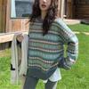 Women Oversize Sweater Round Neck Bule Pullover Sweater Top Retro Striped Jumper Women Loose Outer Female Tops Sweater Women