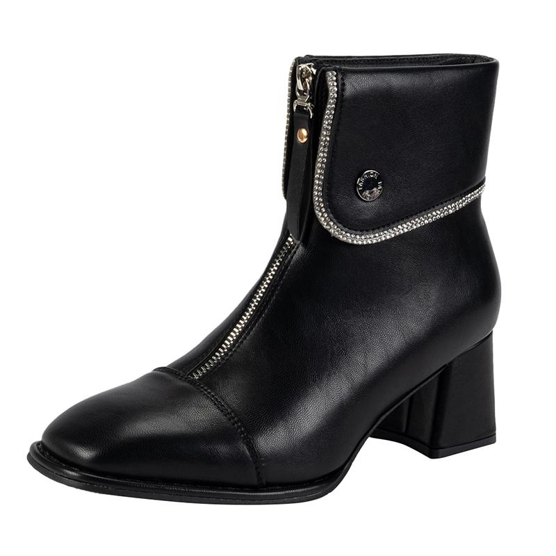 Soft Leather New High-heeled Booties Women's Autumn and Winter New Bright Leather Square Toe Block Heel Boots