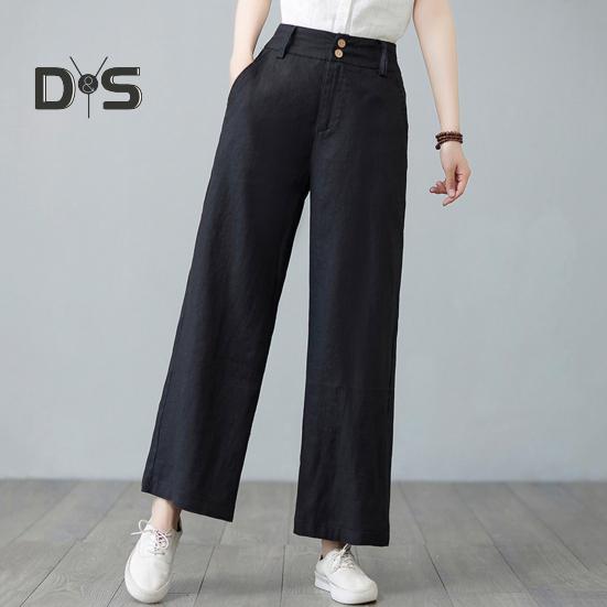 Women Casual Pants Elastic High Waist Buttons Zipper Fly Long Trousers with Pockets Solid Color Straight Wide Leg Slacks Daily Wear