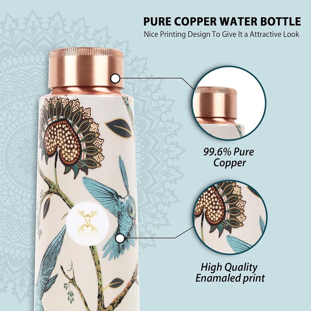 Pure Copper Water Bottle 900 Ml with Glass Set Best Tamba In Printed Design (900 Ml 2x 300 Ml)