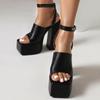FOREADA Women Pu Leather Sandals Platform Super High Hoof Heels Open Toe Ankle Strap Buckle Sexy Party Summer Shoes Black Beige