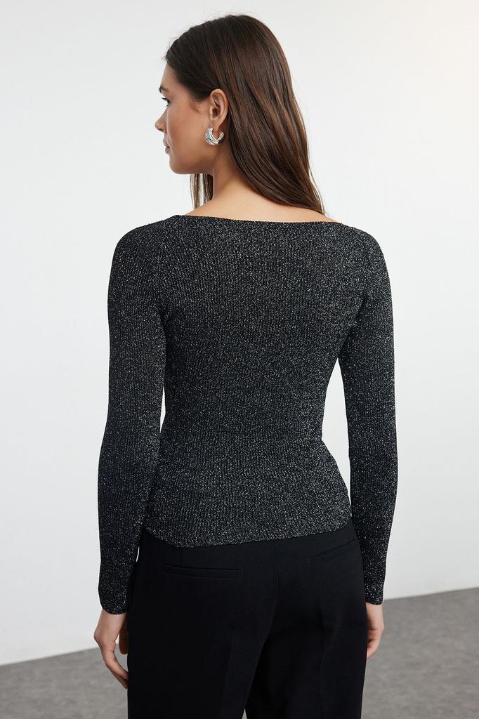 Women's Elegance Style Sweater Black Glitter Yarn Knitwear Sweater