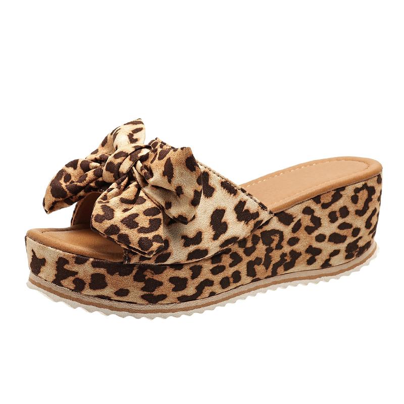 2024 Summer Women's Sandals Platform Retro Sandals Woman Fashion Bow Leopard Beach Slippers Women Plus Size