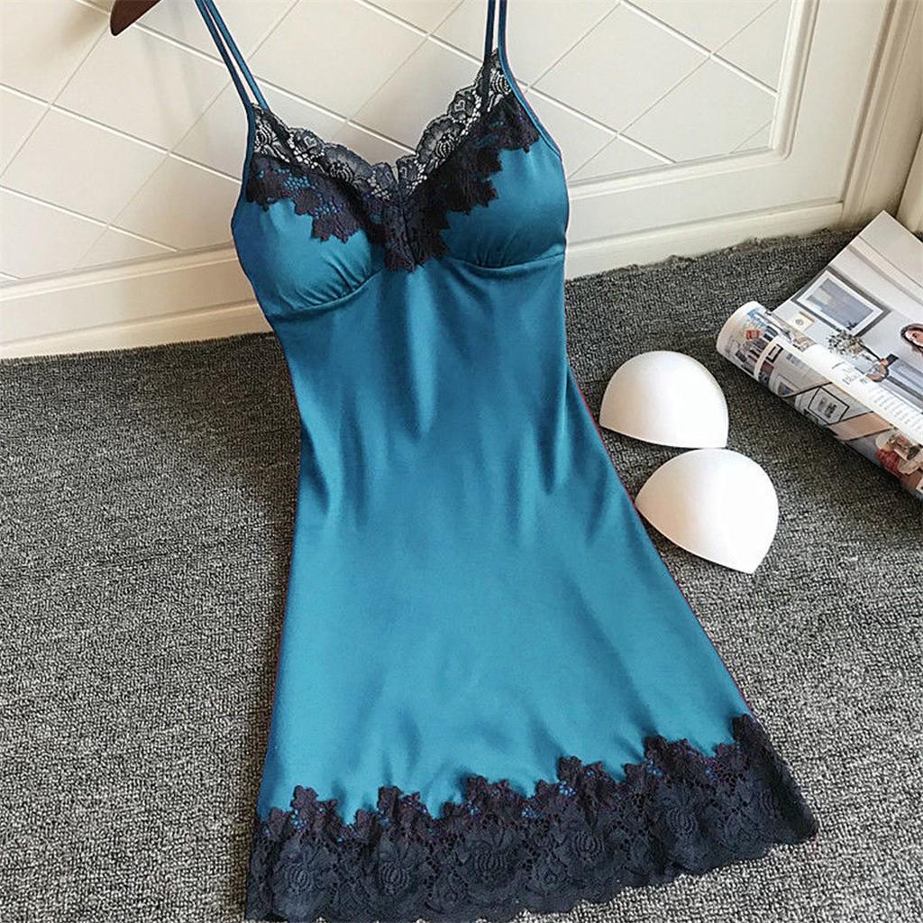 Satin Sleepwear Women Ladies Nightwear Nightdress Sexy Lingerie with Chest Pads