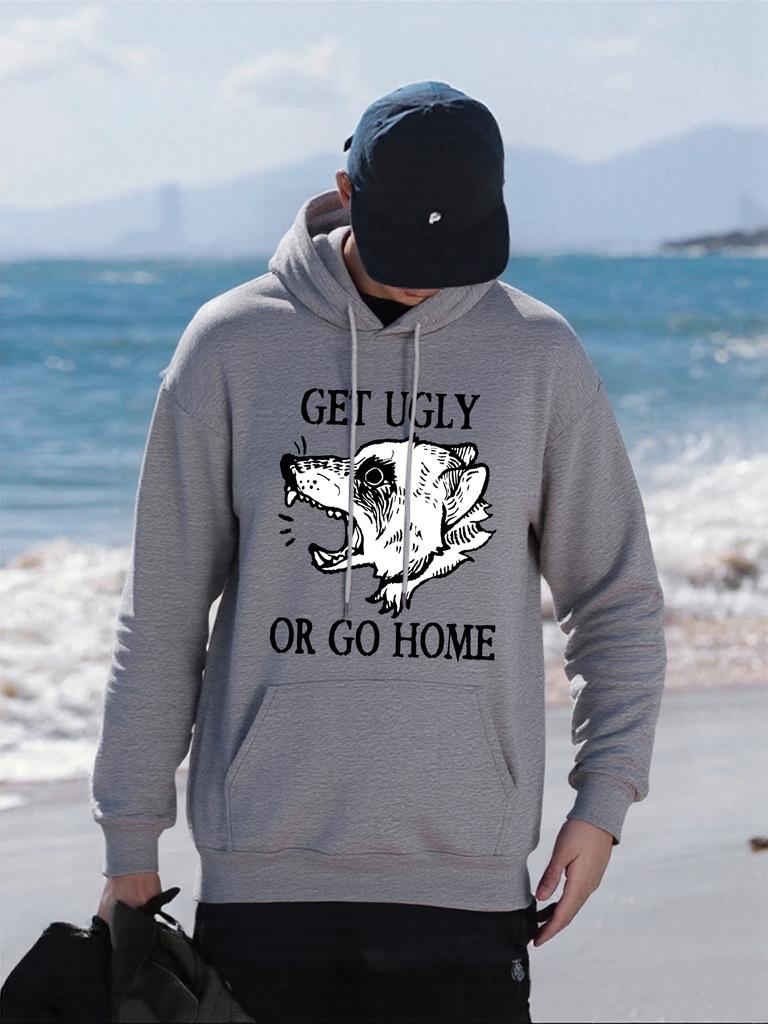 Get Ugly Or Go Home Raccoon Printing Mens Hoodies Autumn Pocket Hoody Fleece All-Match Hoodie Loose Comfortable Male Sportswear