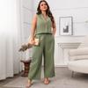 Plus Size Women's Summer New Green Sleeveless Vest Wide Leg Pants Casual Suit