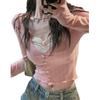 Women Knitted Crop Tops Fake Two-Piece Lace Patchwork Sweetheart Neckline Long Sleeve Cardigan Slim Fit Streetwear