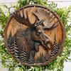 Wood Moose and Pine Trees Circular Wooden Carving Wall Decor, Waterproof Sign for Indoor and Outdoor Use, Rustic Wreath for Door, Wall, Home, Room