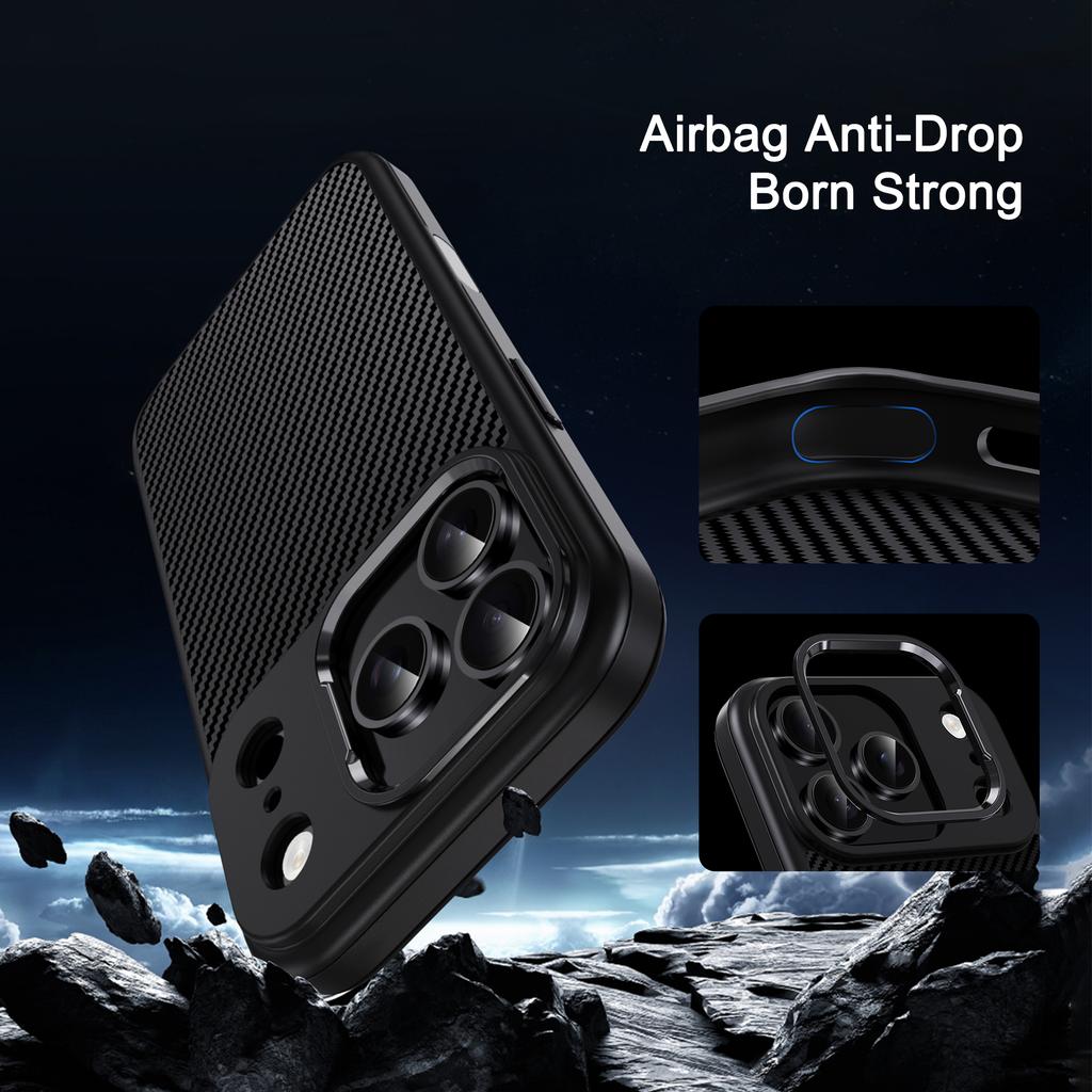 IPAKY For iPhone 17 Pro TPU Case Carbon Fiber Texture Phone Cover Metal Lens Frame