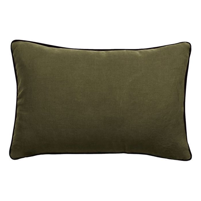 Washed Linen Cushion Cover - Lined with Washed Cotton - Black Braid Finish "Prélude" Vent Du Sud - Prélude Khaki - Cushion Cover 30 X 5