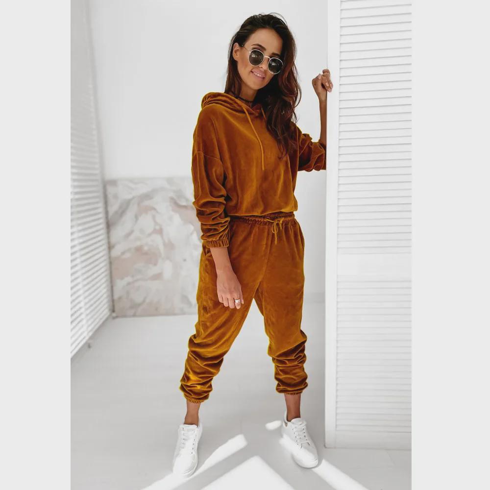 Women's Solid Color Gold Velvet Hooded Long-Sleeve Sports Casual Suit - Autumn/Winter 2021