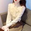 Autumn Winter Fashion New 2024 Long Sleeve Bow Collar Ruffles Velvet Lace Blouse Shirt Women Tops Blouses Shirts J757