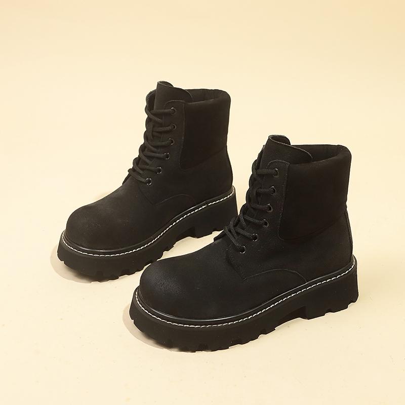 Autumn Winter Thick Sole Lace-Up Riding Boots Women's Suede Patchwork Ankle Boots Platform British Style Casual Platform Shoes
