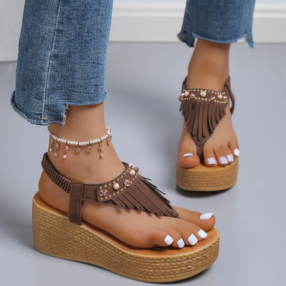 Large Tassel Open Toe Women Sandals Platform Sandals  Sparkling Sleeves, Soft Sole Wedge Zapatos De Muje