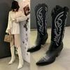 2024 White Cowboy Boots Retro Thin Pointed High Barrel Knight Boots Thick Heel Boots Women's Knee Length Boots Cowboy Boots for Women