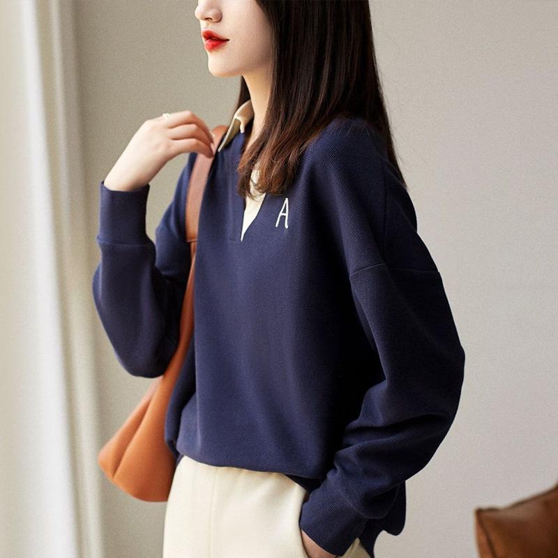Autumn Fashion Letter Embroidery Color Blocking Sweatshirts Women New Classic Long Sleeve V-neck Casual All-match Lady Top 2022