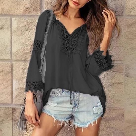 Women Shirt V-Neck Long Sleeve Side Split Hem Pullover Tops Solid