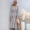 Autumn Medium and Long French Print V-neck Long-sleeved Hem Split Dress Women