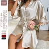 Women Satin Luxury Long-sleeved Nightgown Home Wear Ladies Sexy Lace-up Cardigan Bathrobe Pajamas