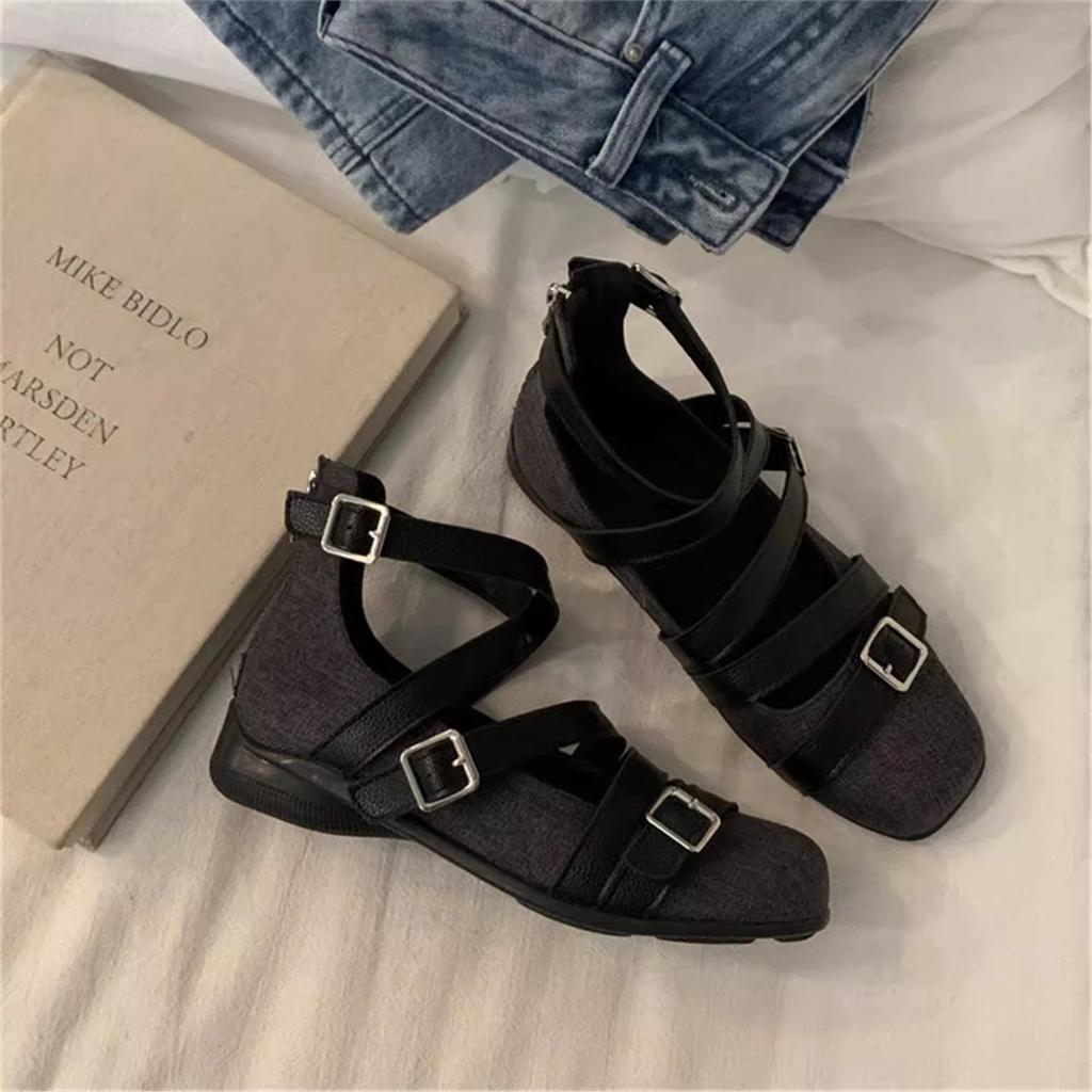 Amano Retro Cross Heightening Ballet Shoes Women's 2025 New Square Head Flats Sandals Mary Jane Single Shoes