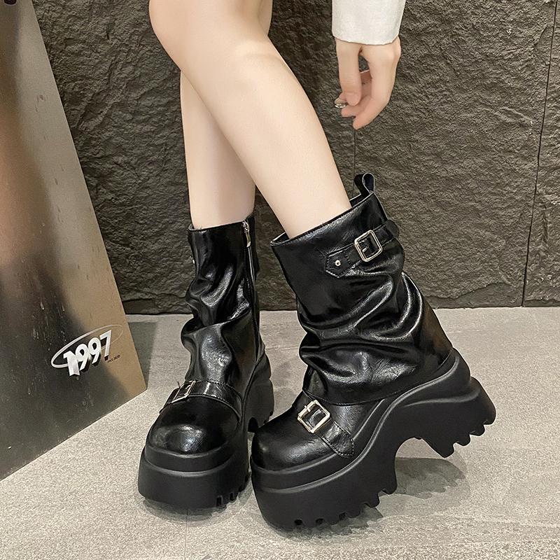 Fashion Women Leather Boots New Winter Motorcycle Boots 9.5CM Wedge Heels High Platform Chunky Shoes Woman Autumn Thick Sole Punk Boots