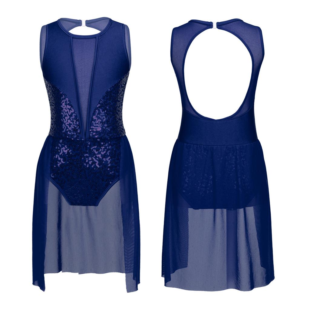 Kids Girls Ballet Tutu Leotard Dress Shiny Sequins Flowy Mesh Skirted Gymnastics Leotard Contemporary Lyrical Dance Costumes