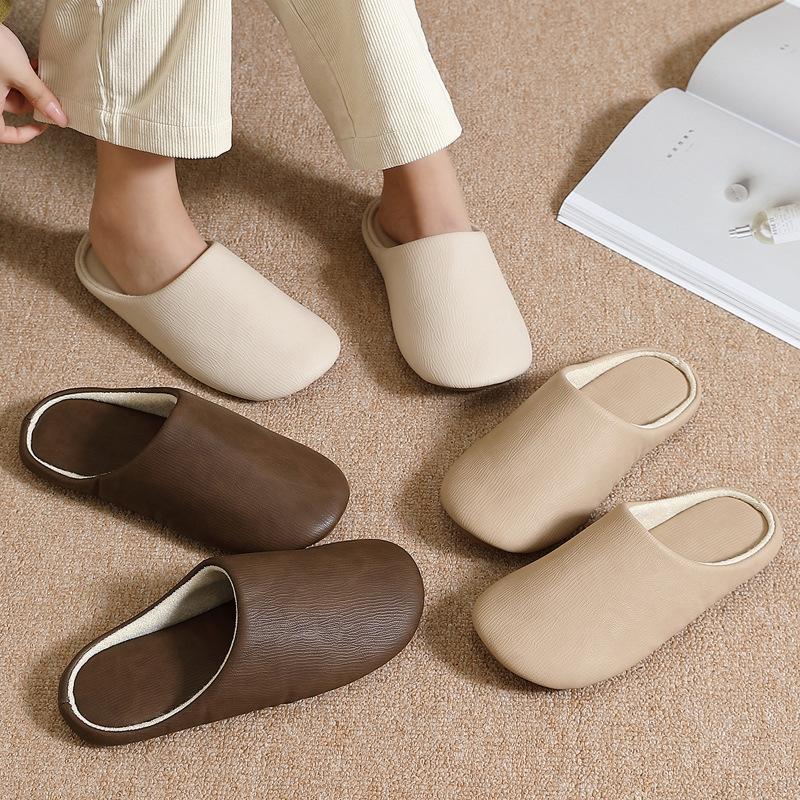 Pu Waterproof Cotton Slippers Winter Plush Warm Indoor Household Soft Bottom Silent Non-slip Autumn and Winter Cotton Mop