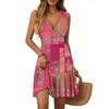 Women's Summer Dress V Neck Sleeveless Casual Textured Print Hem Pleated Dress