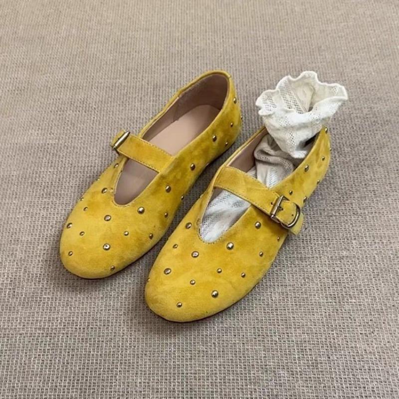 SummerMary Jane Shoes for Women Fashion Rivet Suede Classic Retro Brown Casual Soft Bottom Comfortable Ladies Flats