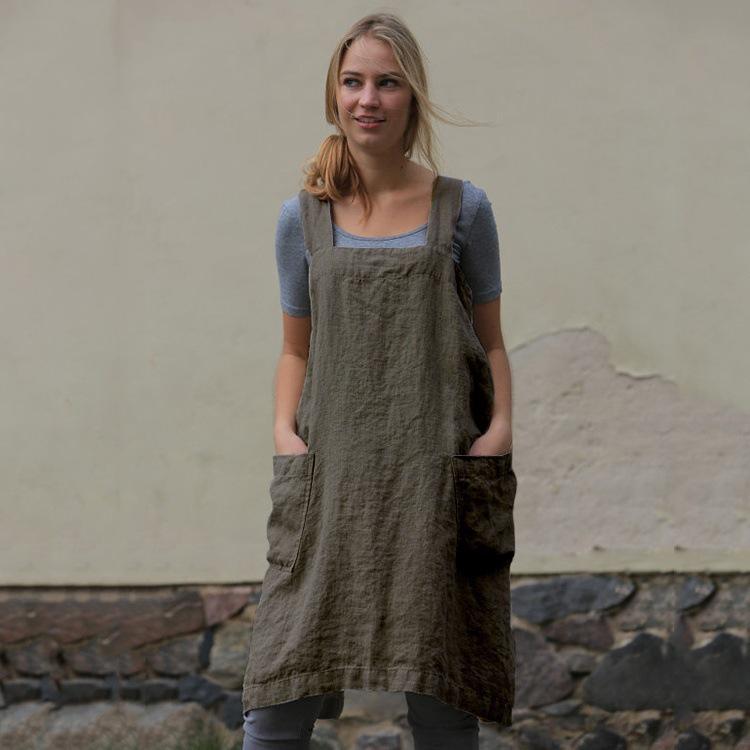Women's Summer Casual Cotton Linen Solid Apron Long Waist Home Clothes Loose Long Dress