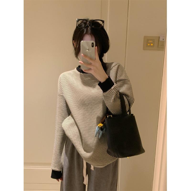 Hooded Striped Long Sleeved T-shirt Women's Hoodie Top