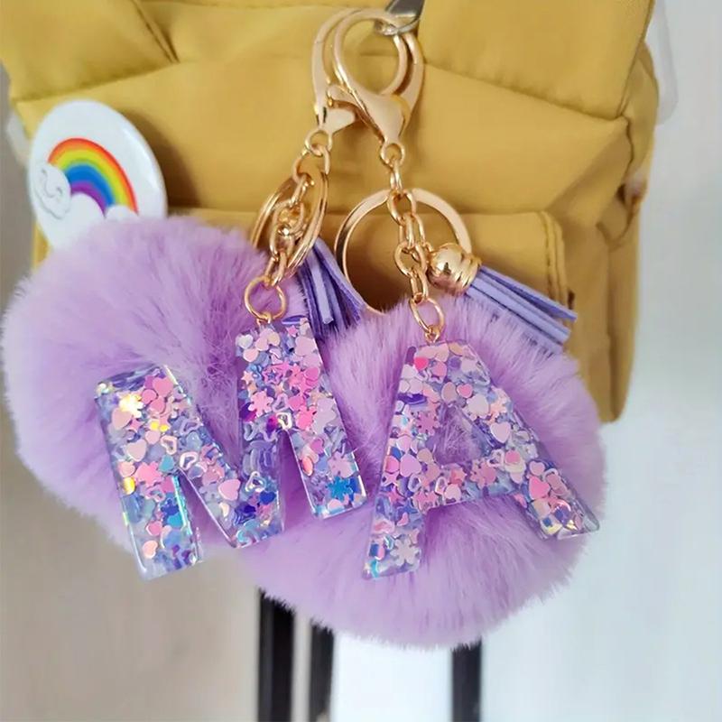 Adorable A-Z Letters Initial Keychain Sparkling Resin Alphabet Fluffy Hairball Pendant Backpack Decoration Accessories Gifts