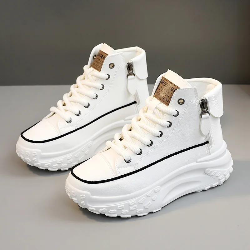 2025 Autumn Chunky High-top WOMEN'S Sneakers Leather Breathable Platform Vulcanized Shoes Women's Casualot Shoes Fashion