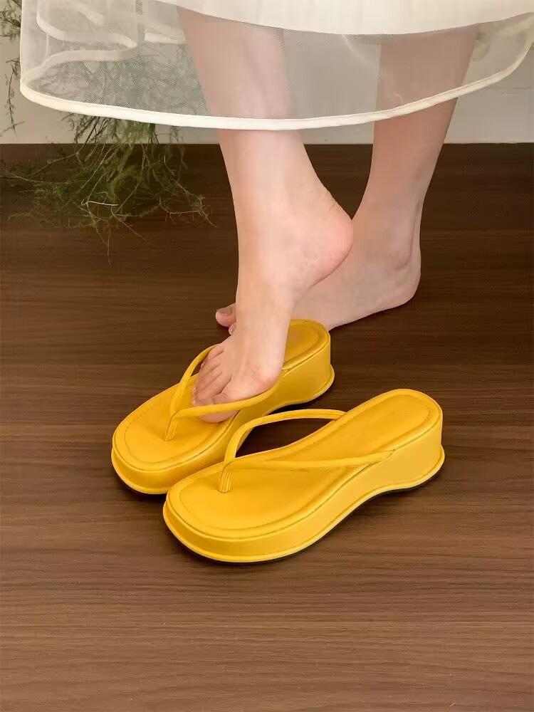 Wedge Heel Heightened Pinch Flip-flops Fairy Shoes 2025 New Summer Outer Wear Holiday Thick-soled Sandals