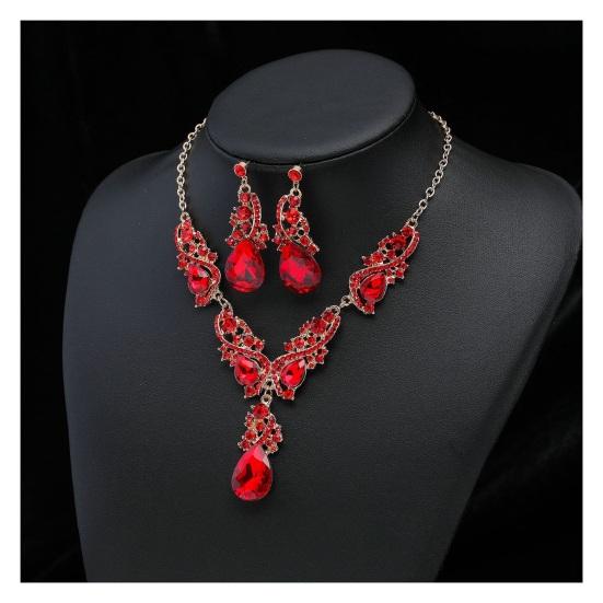 Women Necklace Earrings Set Luxury Symmetric Retro Rhinestone Hollow Out Anti-allergy Hanging