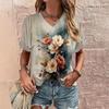 Summer Women's T Shirt Flower Print Casual Short Sleeve 3d T Shirts Fashion Streetwear V Neck Pullover Oversized Female Clothing